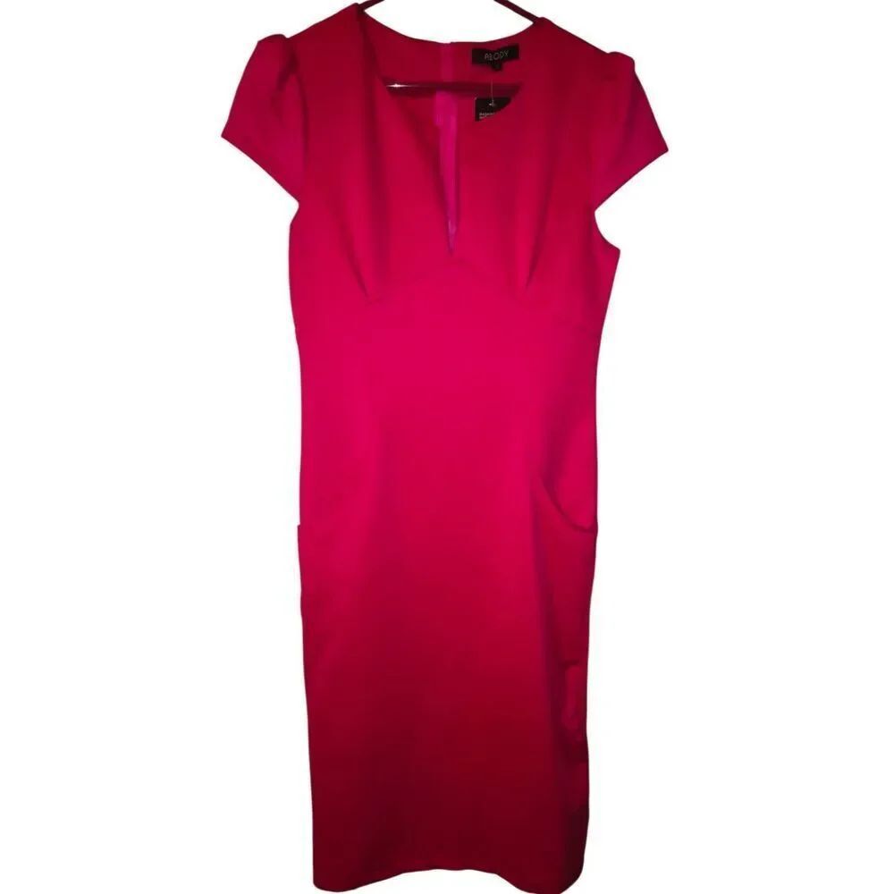 ABody Size L Pink Bodycon Short Sleeve Dress  Back Zipper NWT V neck pockets cap
